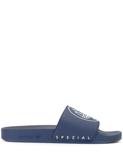 Adidas Originals Adilette Logo Print Slides In Blue