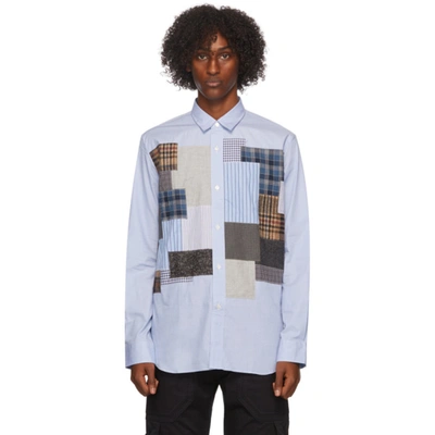 Junya Watanabe Cotton Poplin Shirt W/ Wool Patches In Light Blue,blue,brown