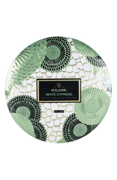 Voluspa White Cypress 3 Wick Decorative Tin Candle With Lid In Green