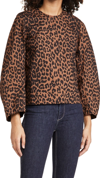 Ganni Gathered Leopard-print Organic Cotton-poplin Blouse In Animal Print