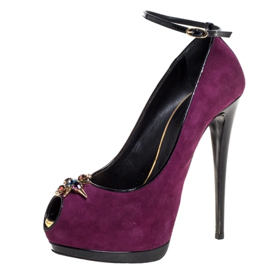 Pre-owned Giuseppe Zanotti Purple Suede Crystal Embellished Pep Toe Ankle Strap Pumps Size 40