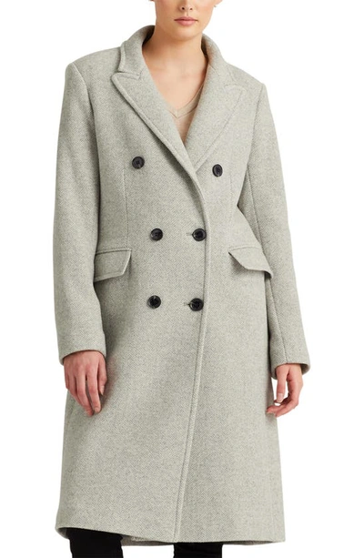 Lauren Ralph Lauren Herringbone Double Breasted Wool Blend Coat In Lt Grey Herringbone