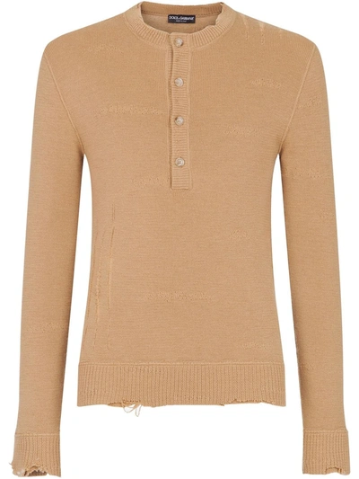 Dolce & Gabbana Distressed-effect Half-button Jumper In Neutrals