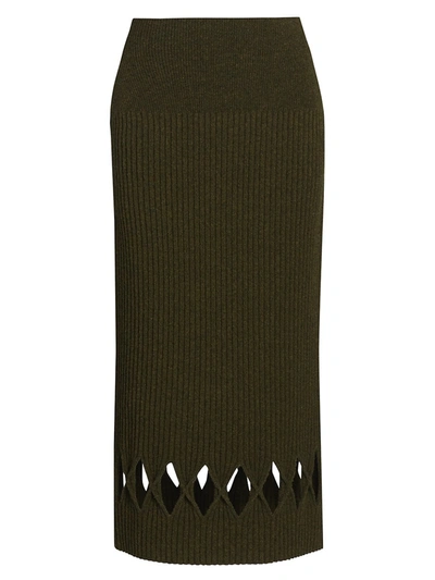 Victoria Beckham Ribbed Wool-blend Diamond Cutout Pencil Skirt In Khaki