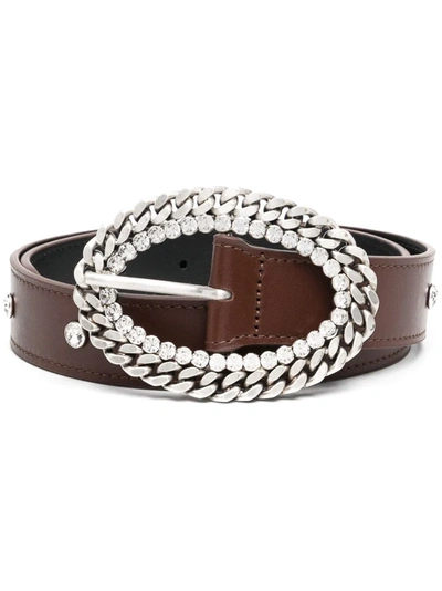 Alessandra Rich Leather Silver Chain And Crystal Buckle Belt In Brown