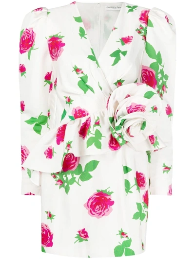 Alessandra Rich Floral Print Puff Sleeve Minidress In White