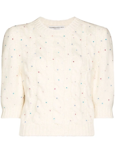Alessandra Rich Cropped Crystal-embellished Cable-knit Alpaca-blend Sweater In White