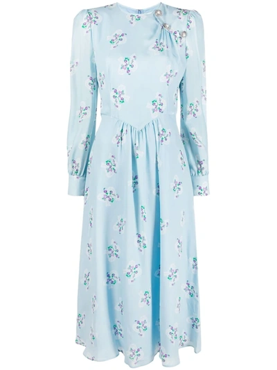 Alessandra Rich Button-embellished Floral-print Silk Crepe De Chine Midi Dress In Light Blue