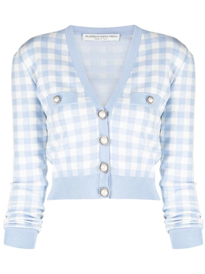 Alessandra Rich Button-embellished Gingham Knitted Cardigan In Light Blue