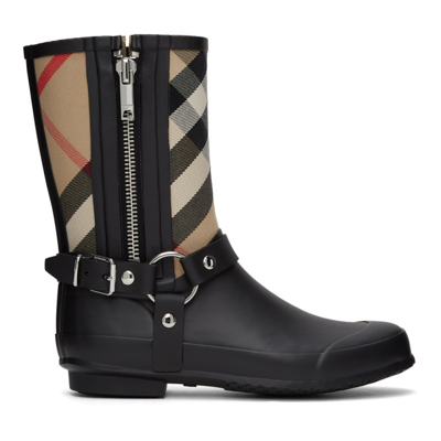 Burberry Zane Vintage Check Harness Rain Boots In Black/archive Beige