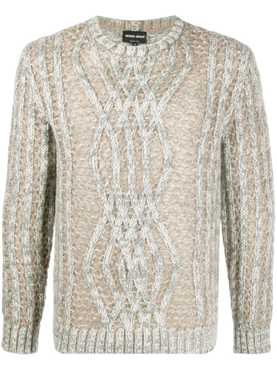 Giorgio Armani Cable-knit Cashmere, Mohair And Silk-blend Sweater In Beige