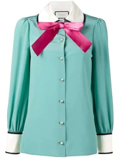 Gucci Bow-embellished Satin-trimmed Silk Crepe De Chine Blouse In Blue