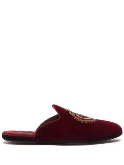 Dolce & Gabbana Velvet Slippers With Sacred-heart Embroidery In Red