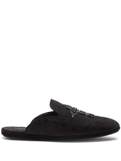 Dolce & Gabbana Brocade Slippers With Cross Embroidery In Black