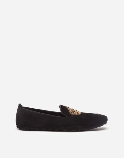Dolce & Gabbana Calfskin Slippers With Crown Embroidery In Black