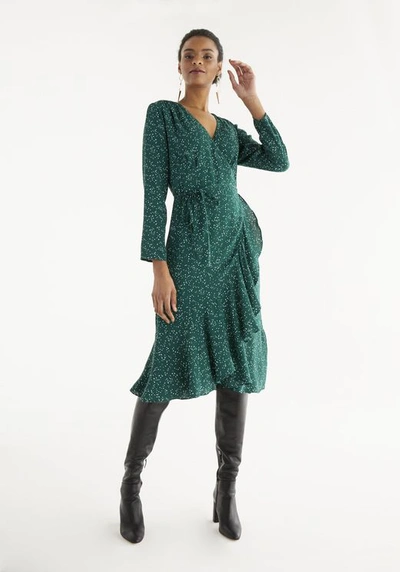 Paisie Speckle Print Wrap Dress In Green & White