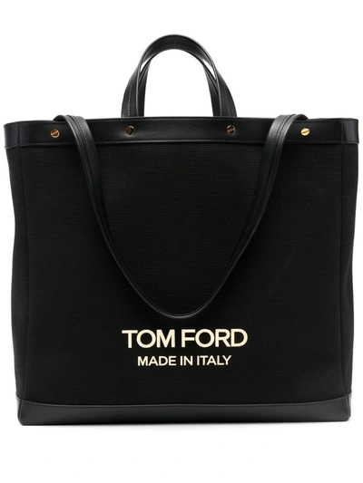 Tom Ford T Screw Medium Canvas Shopping Bag In Black/gold | ModeSens
