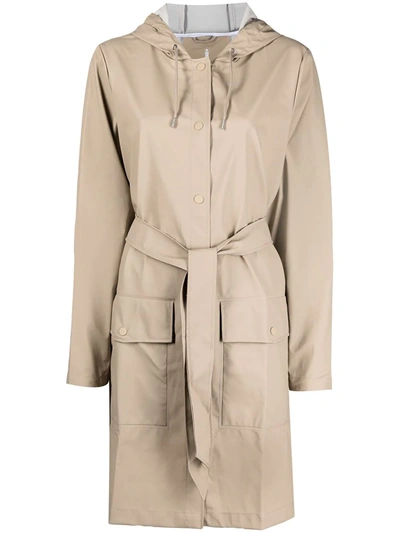 Rains Belted Hooded Shell Coat In Beige