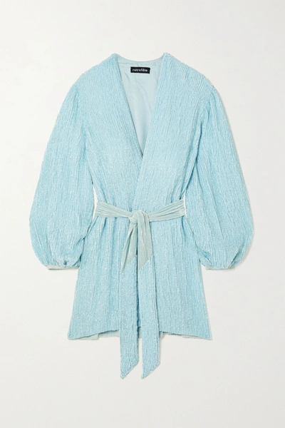 Retroféte Gabrielle Velvet-trimmed Sequined Chiffon Wrap Mini Dress In Light Blue