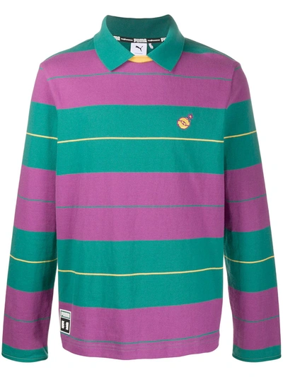 Puma X The Hundreds Striped Long Sleeve Rugby Polo In Purple And Green-multi