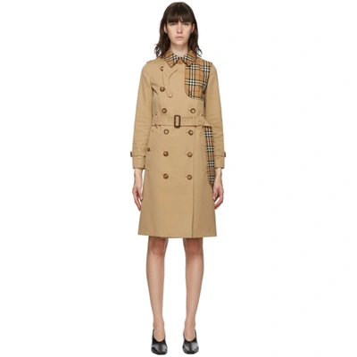 Burberry Herne Check Panel Cotton Gabardine Trench Coat In Neutrals