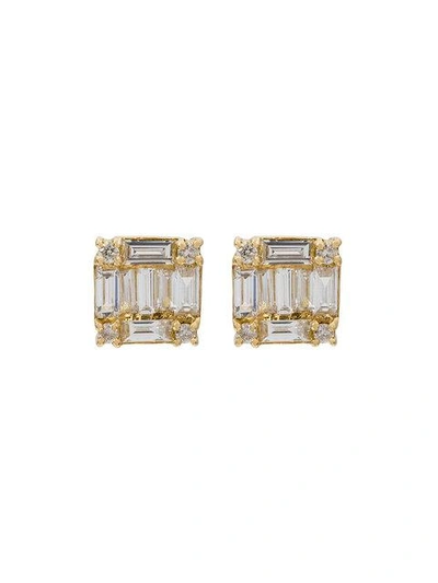 Shay Yellow And Gold Studded 18kt Diamond Square Stacked Baguette Stud Earrings In Metallic