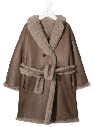 Brunello Cucinelli Kids' Shearling-trimmed Belted Coat In Brown