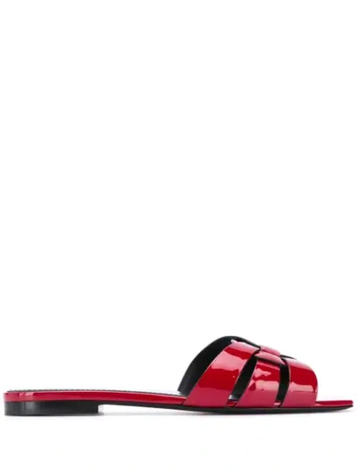 Saint Laurent Patent Woven Flat Slide Sandals In Red