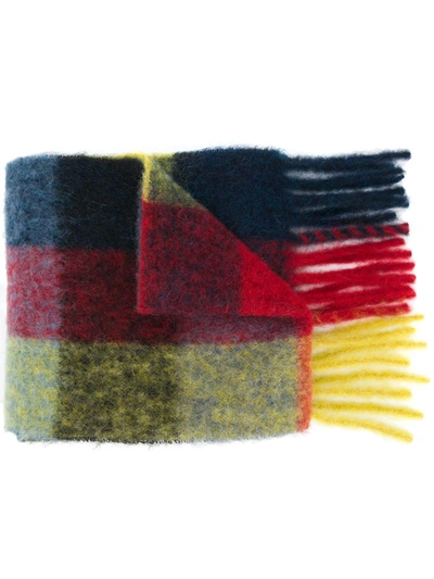 Acne Studios Fringed Logo-appliquéd Checked Knitted Scarf In Red