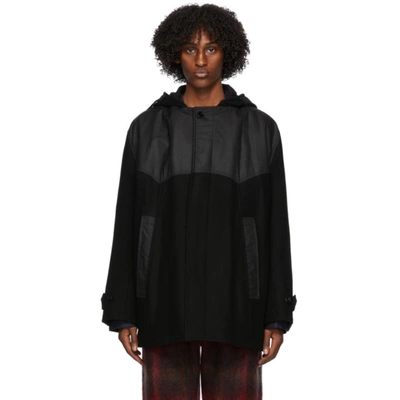 Nicholas Daley Panelled Waxed-cotton And Melton Wool Hooded Coat In Black