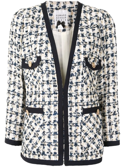 edward achour paris　ツイード　ジャケット　ノーカラー Edward Achour Paris Fitted Tweed Jacket In Blue | ModeSens