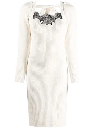 Self-portrait Lace-trimmed Ribbed Dress In White