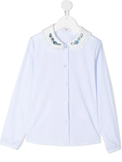 Monnalisa Kids' Floral Embroidered Collar Shirt In Blue
