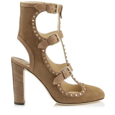 Jimmy Choo Hensley 100 Hazel Suede And Vachetta Leather Booties With Studs In Neutrals