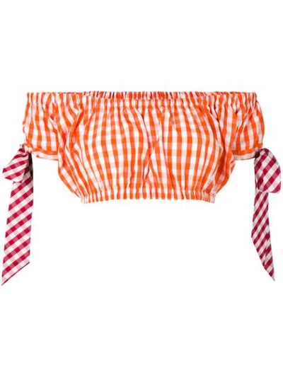 House Of Holland Off-the-shoudler Gingham Bandeau Top In Orange White