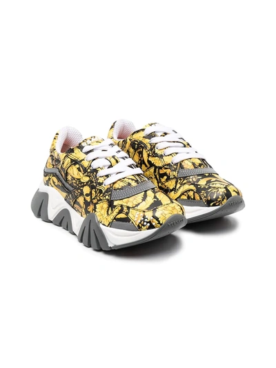 Young Versace Kids' Baroque Printed Sneakers In Yellow