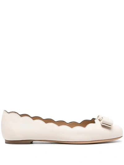 Ferragamo Varina Leather Scallop Bow Ballerina Flats, Bone