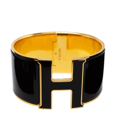 Pre-owned Hermes Clic Clac H Black Enamel Gold Plated Extra Wide Bracelet Gm