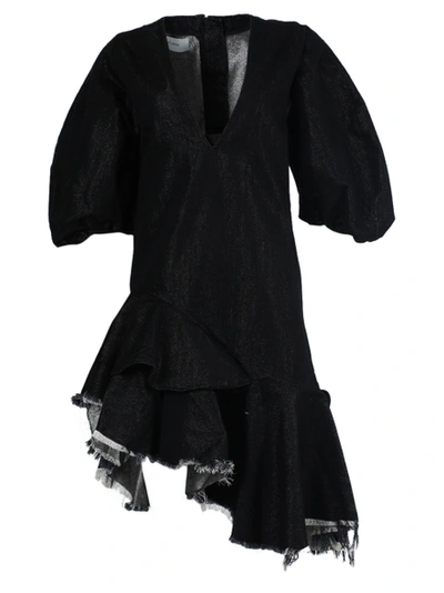 Marques' Almeida Asymmetric Frayed Ruffled Metallic Denim Mini Dress In Black