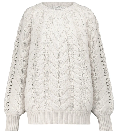 Brunello Cucinelli Embellished Cable Knit Cashmere Blend Sweater In Sand