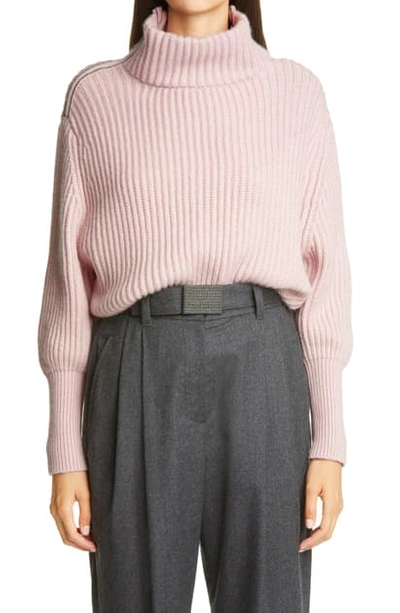 Brunello Cucinelli Monili Shoulder Cashmere Turtleneck Sweater In C9433 Pastel Pink