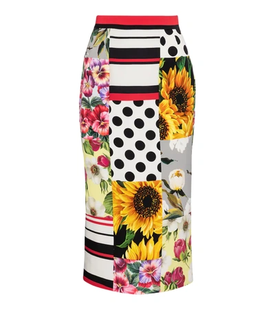 Dolce & Gabbana Patchwork Printed Silk-blend Faille Pencil Skirt In White,black,yellow