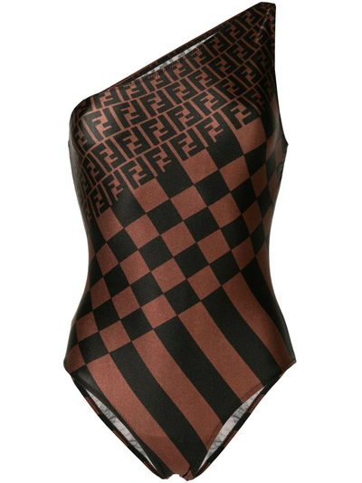 Pre-owned Fendi 1990s Pequin Zucca One-shoulder Swimsuit In Brown