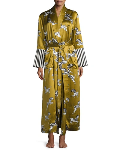 Olivia Von Halle Capability Mona Zebras-print Silk Robe, Multi Pattern