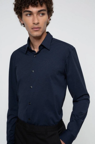 Hugo Boss - Slim Fit Shirt In Melange Stretch Jersey - Dark Blue