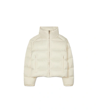 Tory Sport Cropped Performance Satin Down Jacket In Ivory Pearl