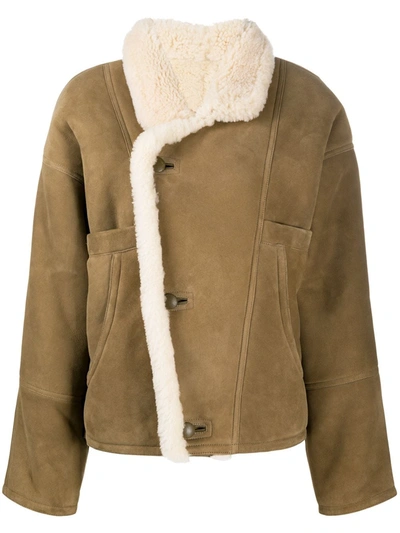 Sandro Sherly Leather & Shearling Coat In Olive Green