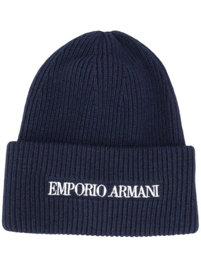 Emporio Armani Embroidered Woven Beanie In Blue