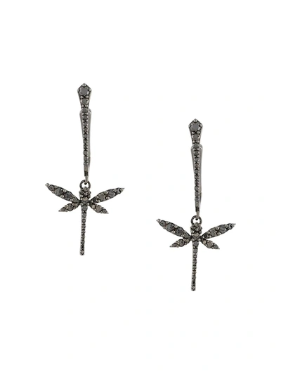 Anapsara 18kt White Gold Diamond Small Dragonfly Drop Earrings In Black