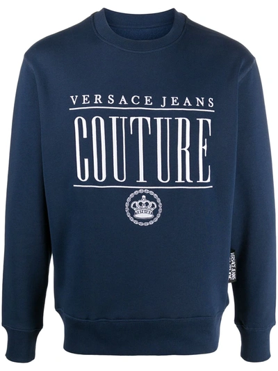 Versace Jeans Couture Embroidered Logo Rib-trimmed Sweatshirt In Blue